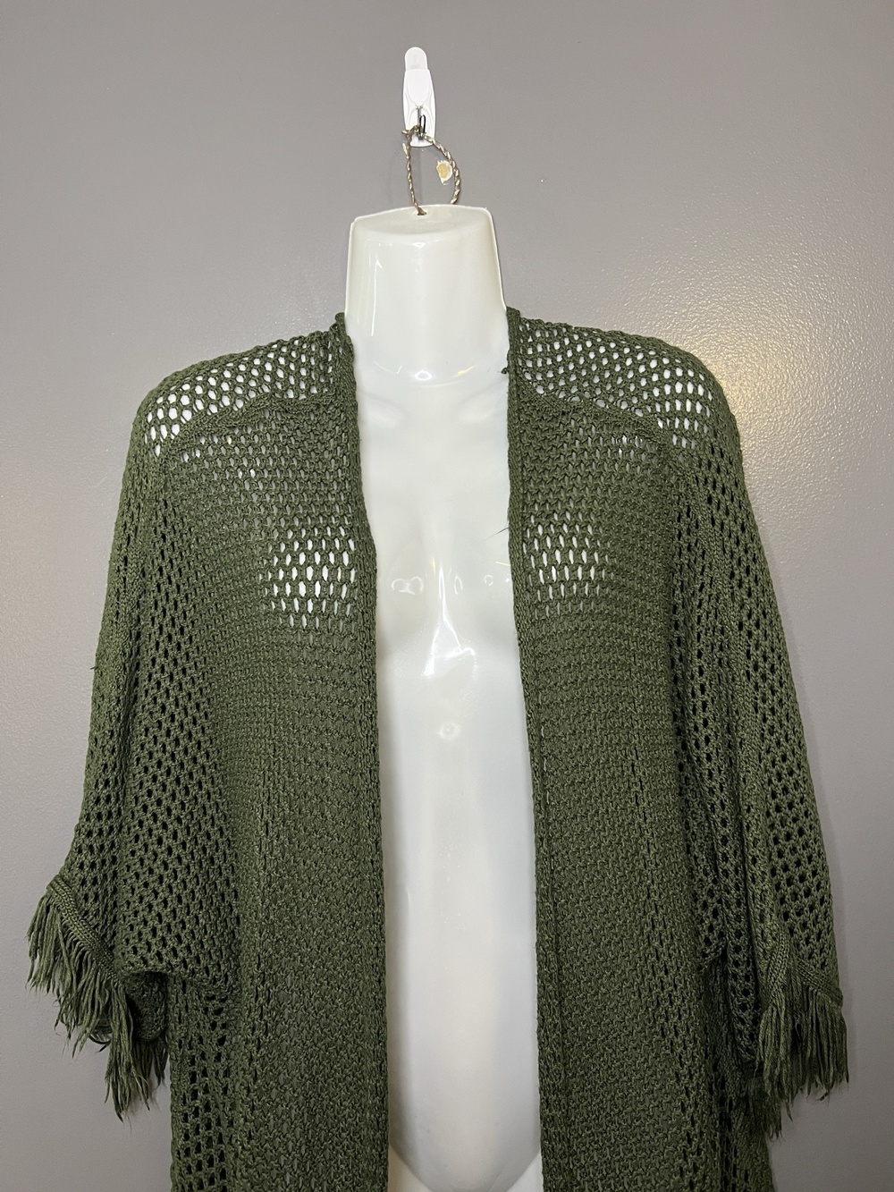 Blue Rain Cardigan Sweater Womens Medium Green Open Knit Fringe Kimono Sheer